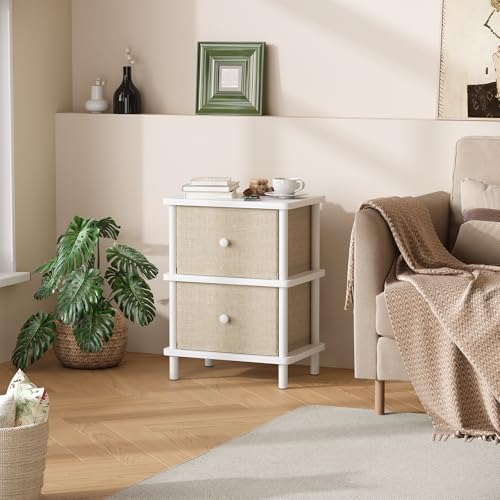 Apicizon Nightstand with 2 Drawers, Boho Side Table with Storage, White | Small End Table with Solid Wood Legs, for Small Spaces, Bedroom, Living Room, Entryway, Easy Assembly - color: White