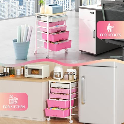 Goovilla Rolling Cart with Drawers, Utility Cart Organizer with 5 Removable Drawers and Wooden Tabletop, Lockable Rolling Storage Organizer for Art, Classroom, Home, Dorm, Office, Craft Storage, Pink - size: Pink
