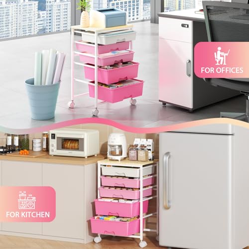 Goovilla Rolling Cart with Drawers, Utility Cart Organizer with 5 Removable Drawers and Wooden Tabletop, Lockable Rolling Storage Organizer for Art, Classroom, Home, Dorm, Office, Craft Storage, Pink - size: Pink