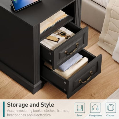 RALGEND Farmhouse Nightstand with Charging Station, Night Stand with 2 Drawers, End Tables Living Room, LED Bed Side Table with Open Shelf, End Table for Bedroom, Living Room, Black - color: Black