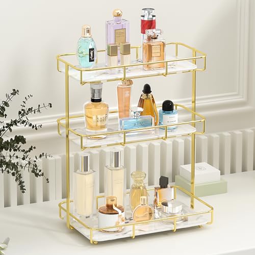 Bathroom Organizer Countertop Perfume Organizer Makeup Organizer Cosmetics Storage Display Rack Vanity Tray Dresser Stainless Steel Gold Shelf White Marble Ceramic Tray - color: 3 Tier L-gold