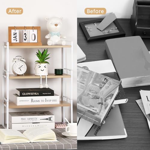 YGYQZ Desk Shelf Organizer for Top of Desk, 3-Tier Desktop Bookshelf, White & Wood - color: 3-tier White/Wood