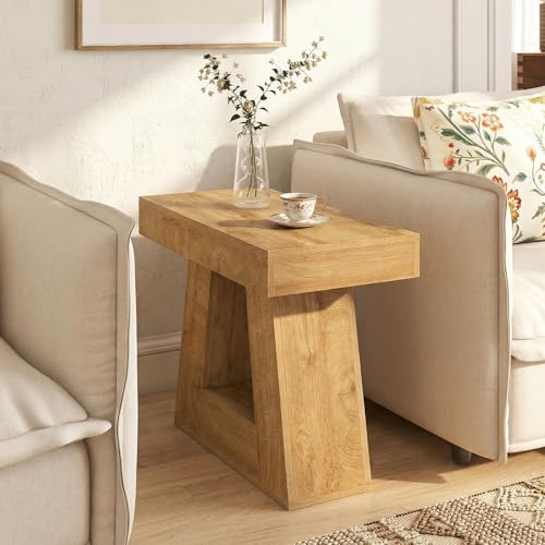Tribesigns 24" Side Table, Narrow End Table with 2-Tier Storage Shelf, Farmhouse Wooden Nightstand Accent Table with Trapezoid Base for Living Room, Bedroom, Small Spaces, Natural Oak Color - color: Natural Oak