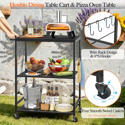 DAOUTIME Grill Cart for Outside, 3-Tier BBQ Food Prep Rolling Table Cart, with 23.62" Lx 15.75" W Rust-Resistant Tabletop, Outdoor Pizza Oven Table Ideal for Patio Backyard Kitchen Tools Room