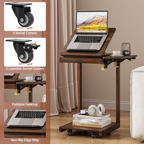 OtterOasis C Shaped End Table for Couch Rolling Side with Wheels Walnut | Wood, Desk Tv Tables, with Folding Desktop, Lockable Wheel, with Hidden Storage, for Living Room, Bedroom - color: Walnut