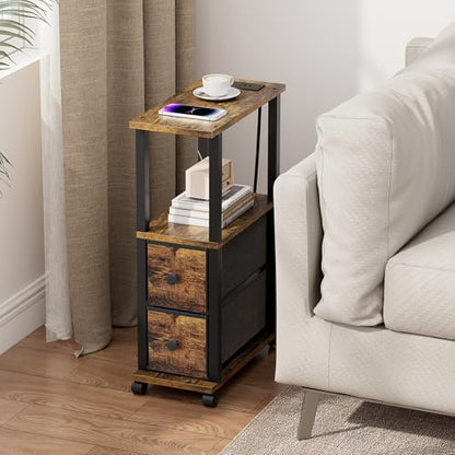 TUTOTAK Small Narrow End Tables, Side Tables with 2 Fabric Drawers, Set of 2, Bedside Tables with Charging Station for Small Spaces, Slim Nightstands with USB Ports and Wheels, TB01BB053C - color: Brown and Black, style: with Outlets