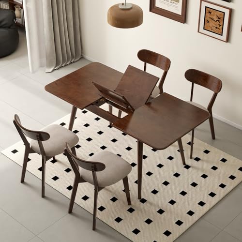 47’’-63’’ 100% Oak Extendable Dining Table and Chairs Set for 4, Solid Wood Folding Kitchen Table, Mid Century Modern Dinner Table for Kitchen, Apartment, Living Room (47''-63''+4 Cushion Chairs) - color: Walnut, size: 63''+4Chairs-HA