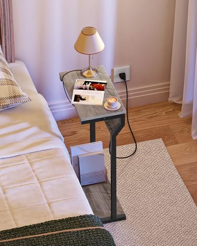 CHOEZON Narrow Side Table with Charging Station, 27" Skinny End Table for Small Spaces, Couch Table with Storage, Slim Tray Table with USB Ports, for Living Room, Bedroom, Greige and Black TBZ27UBG - color: Greige + Black