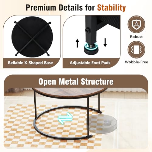 Tangkula Round Nesting Coffee Table Set of 2, Wooden Center End Table with Fabric Storage Basket & Metal Frame, Stacking Side Table for Apartment, Living Room & Bedroom (Rustic & Black) - color: Rustic & Black