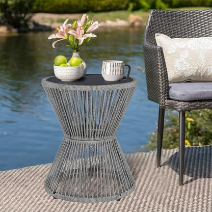 SUNNYPARK Small Outdoor Side End Table Modern Hourglass Style 20" H | Tempered Glass Top, Hand-Woven Rope, Easy Assembly, All Weather, Round Accent Table for Coffee Patio Balcony Poolside - color: Grey