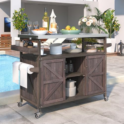 Merax 50" Outdoor Kitchen Grill Cart Island on Wheels with Stainless Steel Top,Farmhouse Style Solid Wood Frame Storage Cabinet for Backyard - color: Dark Brown