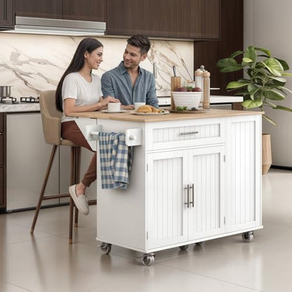 Kitchen Island with Storage, Island Table for Kitchen with Widen Drop Leaf Rubberwood Top, Trash Can Storage and Towel Bar, Rolling Kitchen Island Cart on Wheels for Indoor Outdoor, White