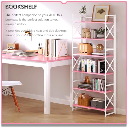 4NM 6 Tiers No Assembly Book Shelves, 61.8" H Folding Bookshelf Bookcase Open Industrial Foldable Shelves for Bedroom, Living Room, Home Office - Pink White - color: Pink White, size: XX 6-Tier