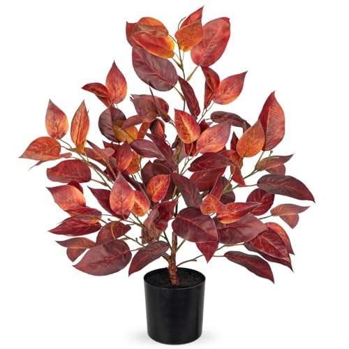 Briful 19.7" Fake Fall Tree in Black Pot, Autumn Small Artificial Elm Leaf Tree Faux Plants Indoor for Home Office Room Tabletop Mantel Thanksgiving Decor - color: Elm