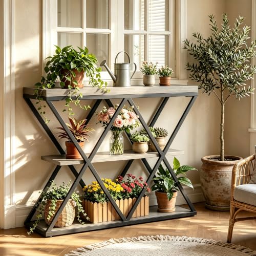 Garvee 3 Tier Console Table,39" Industrial Entryway Table,Open Wood Shelves | Sofa Table,Narrow Wood Accent Tables with Metal Frame for Hallway,Living Room,Behind Couch,Foyer,Entrance,Gray - color: Gray + X-shaped