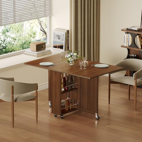 3imothrix Folding Dining Table, Dinner Table with Drawer and Storage and Shelves, Space Saving Dining Table with 6 Wheels, Kitchen Table for Small Spaces (Walnut) - color: Walnut