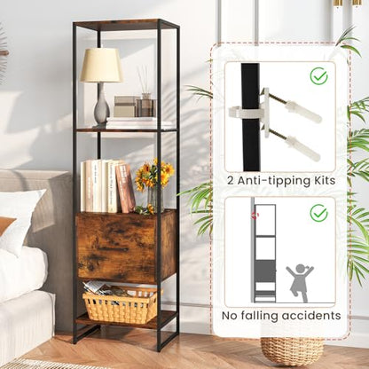 Giantex 5-Tier Bookshelf with Drawer Set of 2, Narrow Bookcase w/Open Shelves & Metal Frame, Modern Storage Organizer Shelving Unit, Freestanding Display Rack for Bedroom Living Room - color: Rustic Brown+black