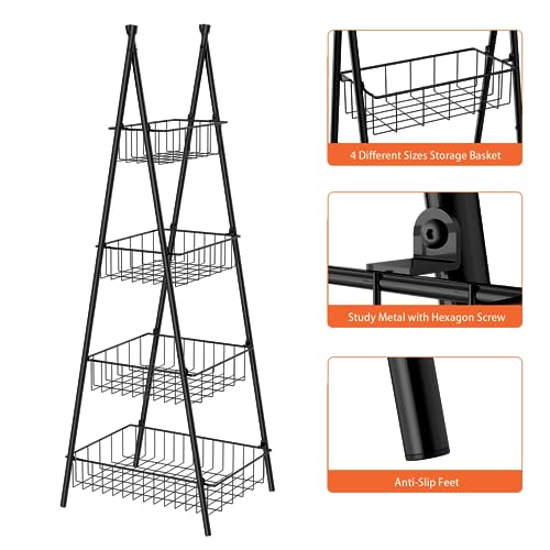 Wire Basket Stand for Kitchen and Bathroom 4 Tier Fruit Storage Basket Metal Floor Standing Vegetable Holder, Black