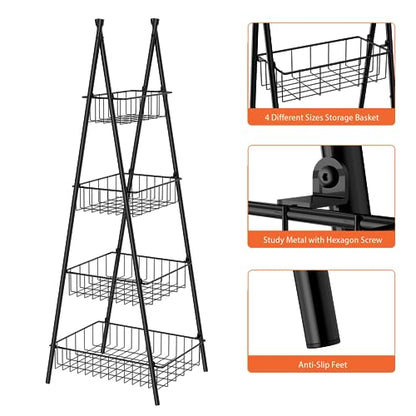 Wire Basket Stand for Kitchen and Bathroom 4 Tier Fruit Storage Basket Metal Floor Standing Vegetable Holder, Black