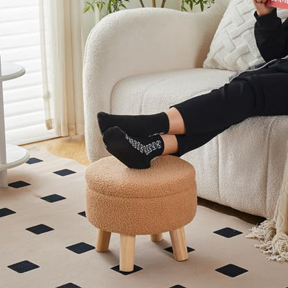 Wimarsbon Storage Ottoman, Modern Round Footrest with Soft Padded Seat, Teddy Velvet Footstool with Wood Legs, Accent Small Table or Plant Stand for Hallway, Living Room (Champagne) - color: Champagne