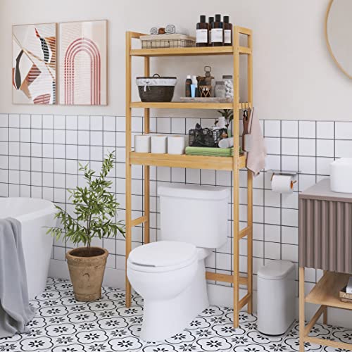 SMIBUY Bathroom Storage Shelf, Bamboo Over-The-Toilet Organizer Rack, Freestanding Toilet Space Saver with 3-Tier Adjustable Shelves (Natural) - color: Natural