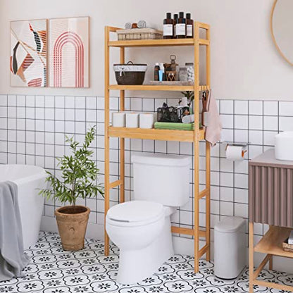 SMIBUY Bathroom Storage Shelf, Bamboo Over-The-Toilet Organizer Rack, Freestanding Toilet Space Saver with 3-Tier Adjustable Shelves (Natural) - color: Natural