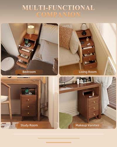 Narrow Nightstand with Drawers, 11.8" Solid Wood Nightstand with Open Shelf & Cable Hole, Modern Night Stand Slim Bedside Table for Small Spaces, Bedroom, Study - color: Walnut, size: 15.7"D x 11.8"W x 23.6"H