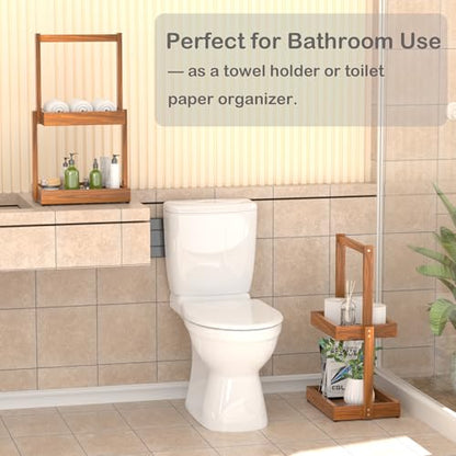 2-Tier Teak Bathroom Organizer, Shower Caddy Towel Holder | Two-Tier Teak Organizer Stores Towels, Toiletries, Toilet Paper, Fruit and Spices, with a Stable Non-slip Base. - size: 2 Tier