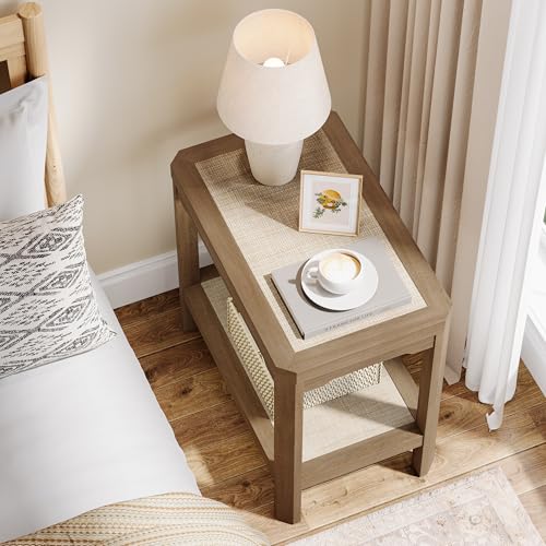 Eclatara Rattan Side Table End Table Farmhouse Boho Nightstand Set of 2 | 2 Tier Rattan Night Stand, Farmhouse Boho Bedside Tables with Ultra-Thick Legs for Bedroom Living Room(Oak,2 Pieces) - color: Caramel Oak, Geometric Edges