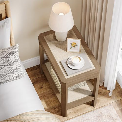 Eclatara Rattan Side Table End Table Farmhouse Boho Nightstand Set of 2 | 2 Tier Rattan Night Stand, Farmhouse Boho Bedside Tables with Ultra-Thick Legs for Bedroom Living Room(Oak,2 Pieces) - color: Caramel Oak, Geometric Edges