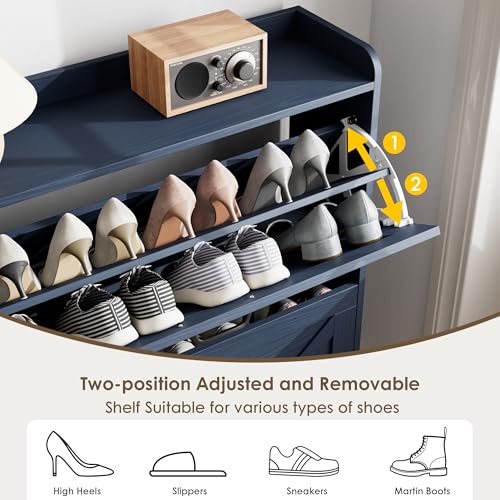 Nicetree Shoe Storage Cabinet, Shoe Cabinet with 2 Flip Drawers, Narrow Shoe Rack Cabinet, Farmhouse Slim Shoe Cabinet Storage for Entryway,Blue - color: Navy Blue