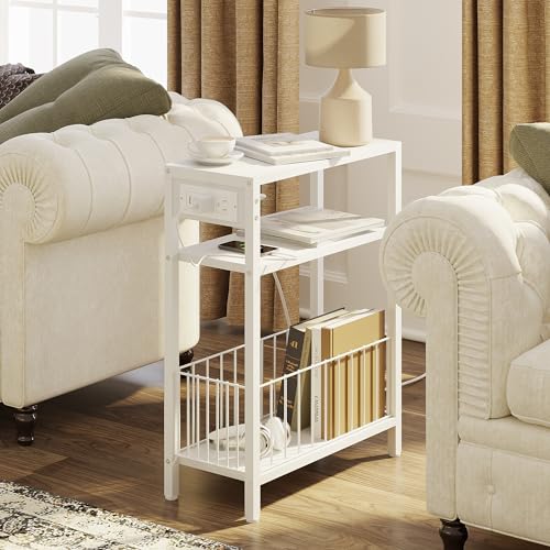 TRIFEBLE Narrow Side Table with Charging Station, Small End Table for Small Spaces, Slim Nightstand with Storage Basket, 3 Tier Skinny Bedside Table for Living Room, Bedroom, White - color: White, style: With Basket & Power