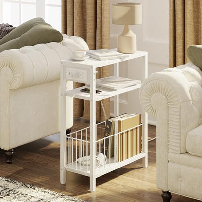 TRIFEBLE Narrow Side Table with Charging Station, Small End Table for Small Spaces, Slim Nightstand with Storage Basket, 3 Tier Skinny Bedside Table for Living Room, Bedroom, White - color: White, style: With Basket & Power