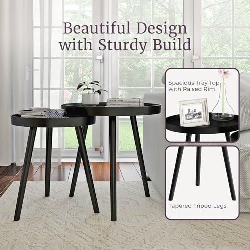 Lavish Home Nesting Side Tables, Black, Set of 2, 21.5”/16” | Round End Tables with Tray Tops for Living Room, Bedroom, or Home Office, Mid-Century Modern Living Room Furniture