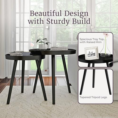 Lavish Home Nesting Side Tables, Black, Set of 2, 21.5”/16” | Round End Tables with Tray Tops for Living Room, Bedroom, or Home Office, Mid-Century Modern Living Room Furniture