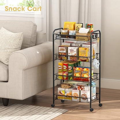 TOOLF 4-Tier Rolling Cart, Metal Utility Cart with 3 Hooks, Easy Assemble Mobile Storage Trolley On Wheels, Metal Shelving Units Kitchen Bathroom Laundry Room - color: Black, size: 4-Tier