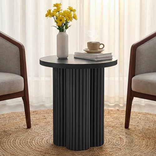 Small Sofa Side Table Set of 2, Fluted Accent Pedestal End Table, Wood Round Night Stand, Farmhouse Bed Side Table Drink Tables for Living Room, Small Spaces (Black-2PCS) - color: Black-2pcs