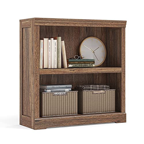 LINSY HOME 2-Tier Bookcase and Bookshelf, Small Wood Display Storage Shelves Farmhouse Bookshelf for Home Office, Living Room, Bed Room - Dark Brown - color: Dark Brown, size: 2 Shelf Standard 31.8"H