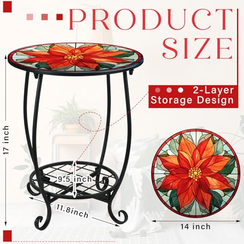 Cinnvoice Outdoor Side Table Round Small Mosaic Patio Accent Indoor End Plant Coffee Tea Table for Yard Patio Porch Garden Living Room, Bedroom(Poinsettia,14 Inch) - size: 14 Inch, style: Poinsettia