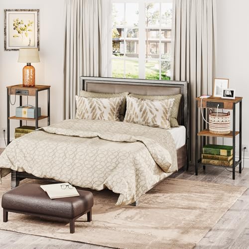 HOOBRO Tall End Tables with Charging Station, Set of 2, 30 Inch Tall Nightstands, 3-Tier Side Tables with Adjustable Storage Shelves, for Living Room, Bedroom, Hallway, Rustic Brown BF09UDHP201G1 - color: Rustic Brown + Black