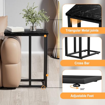 VECELO Universal C-Shaped Side Table, Multi-Functional Snack & TV Tray for Living Room, Bedroom, Black Marble (1 Set) - color: Black Marble, size: 1 Set