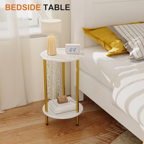 Small Round Side Table, White Round End Table, 2-Tier Modern Accent/Bedside Table for Living Room-White - color: White, size: 1PC