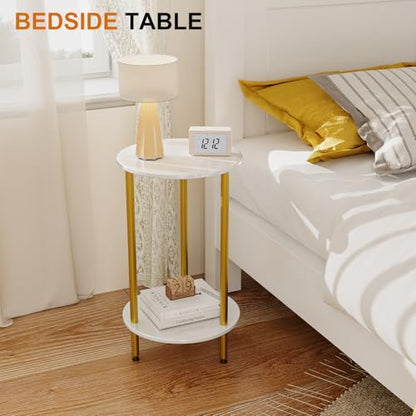 Small Round Side Table, White Round End Table, 2-Tier Modern Accent/Bedside Table for Living Room-White - color: White, size: 1PC