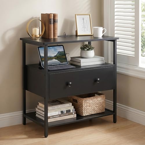Edbuosy 27 Inch Wide Night Stand with Charging Station, Wood Nightstand with Open Shelf, Large Drawer Bedside Table for Living Room/Bedroom/Office, Black - color: Black, size: 27"W-1 Drawer