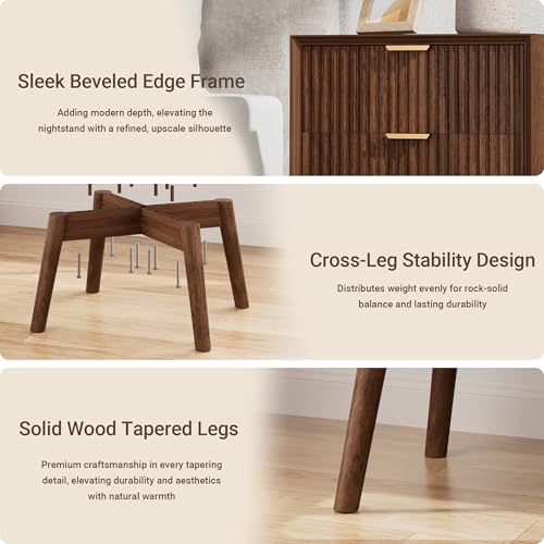 Walnut Fluted Nightstands Set of 2 with Charging & Beveled Edges | 18in Wide, FSC-Certified MDF, Solid Wood Legs, 2 Drawer, Metal Handle, Modern, Bedroom, Night Stand, Bedside Table, End Table - color: Walnut - Beveled Drawer, size: 18"W