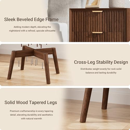 Walnut Fluted Nightstands Set of 2 with Charging & Beveled Edges | 18in Wide, FSC-Certified MDF, Solid Wood Legs, 2 Drawer, Metal Handle, Modern, Bedroom, Night Stand, Bedside Table, End Table - color: Walnut - Beveled Drawer, size: 18"W