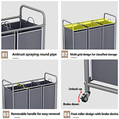 LINZINAR 3 Section Laundry Hamper, Grey Laundry Basket, 135L Laundry Sorter | Laundry Room Organization with Heavy Duty Rolling Lockable Wheels and Removable Bag, Bedroom Laundry Cart for Clothes Storage - size: 3 Bags Grey