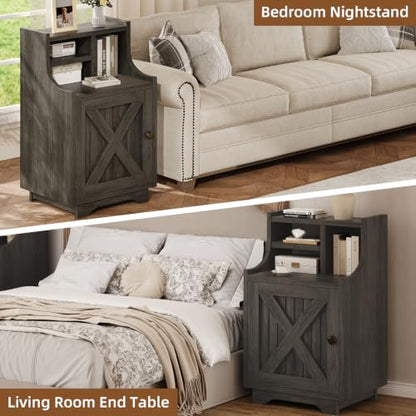4ever2buy Grey Nightstand Set of 2, 30" Tall Night Stand with Hutch | Farmhouse Tall Bedside Table End Table for Bedroom Living Room Sofa Office, Storage Cabinet, Wash Grey - color: Wash Grey