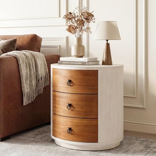 COSIEST 3 Drawer Chest of Drawers, 20 inch MDF Round Storage Cabinet, Retro Whitewash Finish Nightstand, Wood Bedside Table with Drawers for Bedroom Living Room - color: Wood Color-round