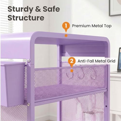ECOLOVI 3 Tier Printer Stand for Under Desk, Height Adjustable Shelf Small Printer Table with 3 S-Hooks & Basket, Heavy Duty Industrial Storage Shelf for Home Office (Purple Metal) - color: Purple